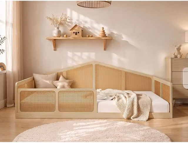 Julian Small Double Montessori Bed with Rattan Panels in Natural Wood, W/D/H: 120 x 200 cm