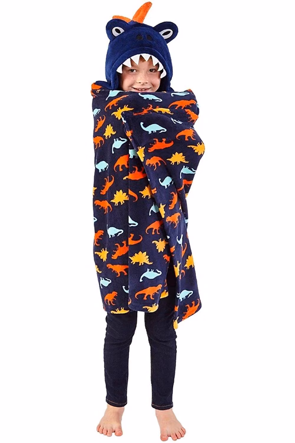 Animal Crazy Dinosaur Print Hooded Fleece Cuddle Blanket in Navy Blue – 2
