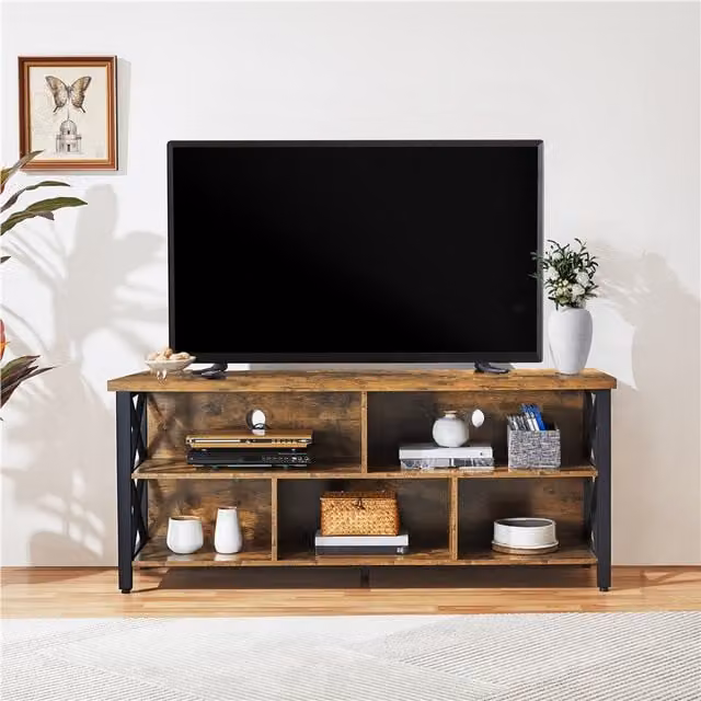 Yaheetech Industrial TV Stand with Media Storage Compartments and Grommets in Brown and Black