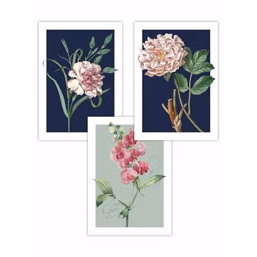 ARTZE Set of 3 Vintage Floral Botanical Paper Posters in Blue and Green, W: 42 cm x H: 59 cm – 2