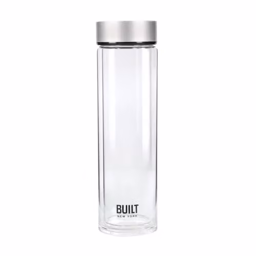 BUILT New York Tiempo Insulated Glass Water Bottle, Silver, 450ml – 1