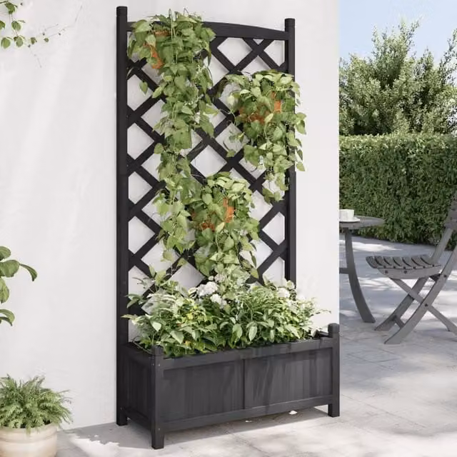 Berkfield Home Black Solid Wood Fir Planter with Trellis – 1
