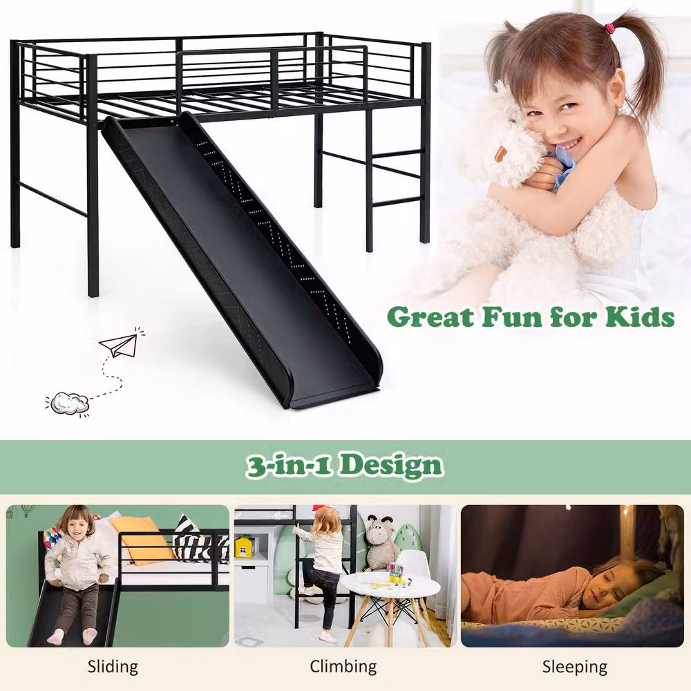Costway Single Metal Loft Bed for Children with Safety Guardrails and Ladder in Black, W/D/H: 90 x 190 x 150 cm – 4