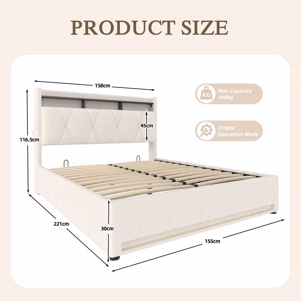 Matteo King Size Upholstered Velvet Bed Frame in Beige with LED Lighting, USB Charging Port, Bedside Shelf and Lift Up Storage, W/D/H: 180 x 200 x 116.5 cm – 2