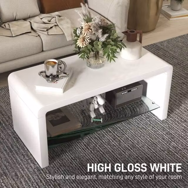 STILVORA Modern Gloss White Rectangular Coffee Table with 2-Tier Shelf