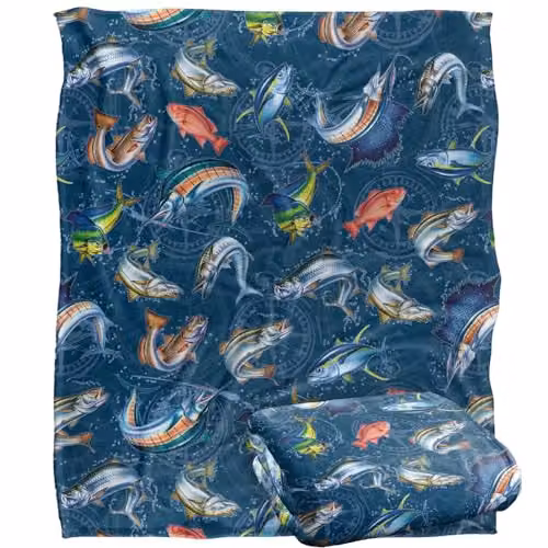 JQ Licensing Saltfish Fishing Compass Pattern Super Soft Fleece Throw Blanket in White, W/D/H: 152 x 127 cm