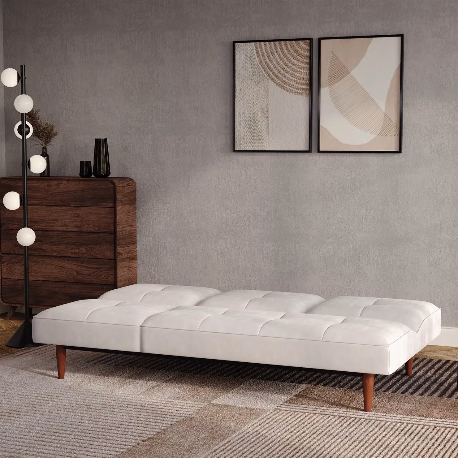 Living and Home 3 Seater White Microfibre Fabric Click Clack Sofa Bed with Walnut Wood Legs – 4