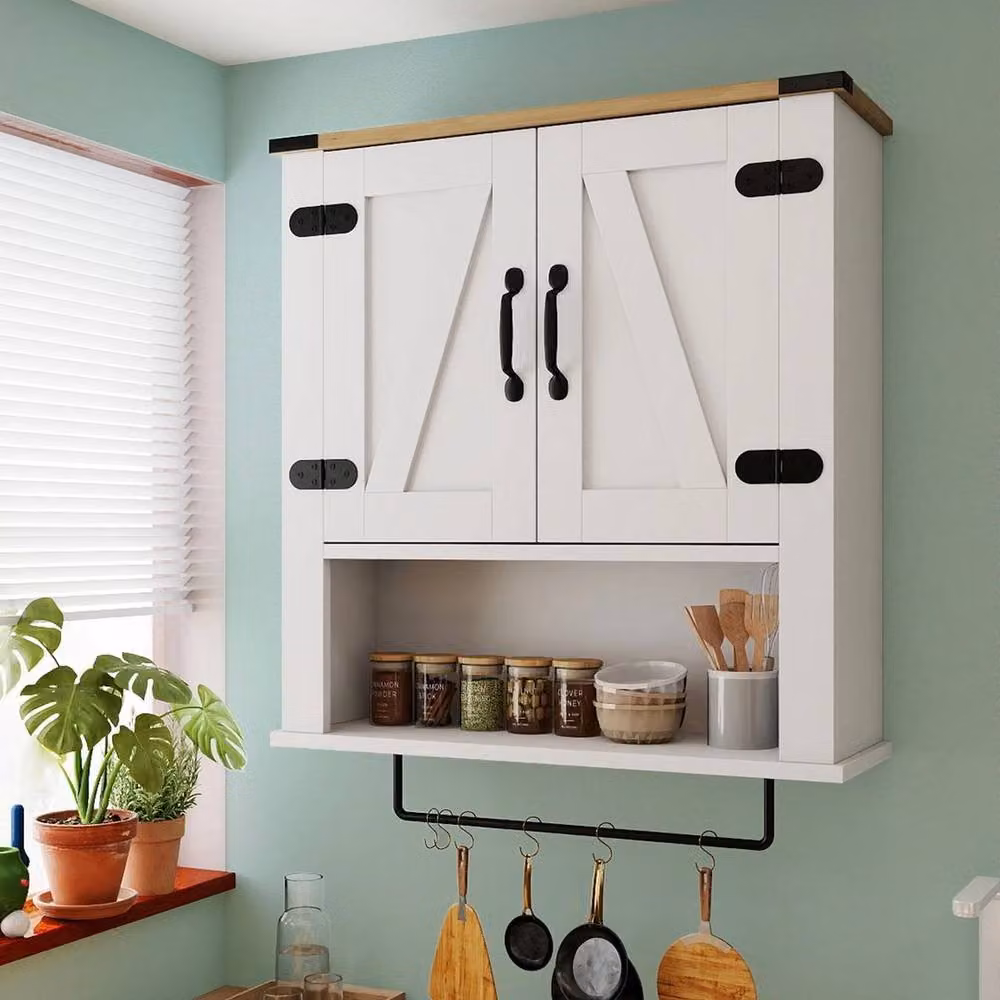 Kelvenix White Wall Mounted Above Toilet Storage Cabinet with Hinged Doors and Internal Shelves – 2