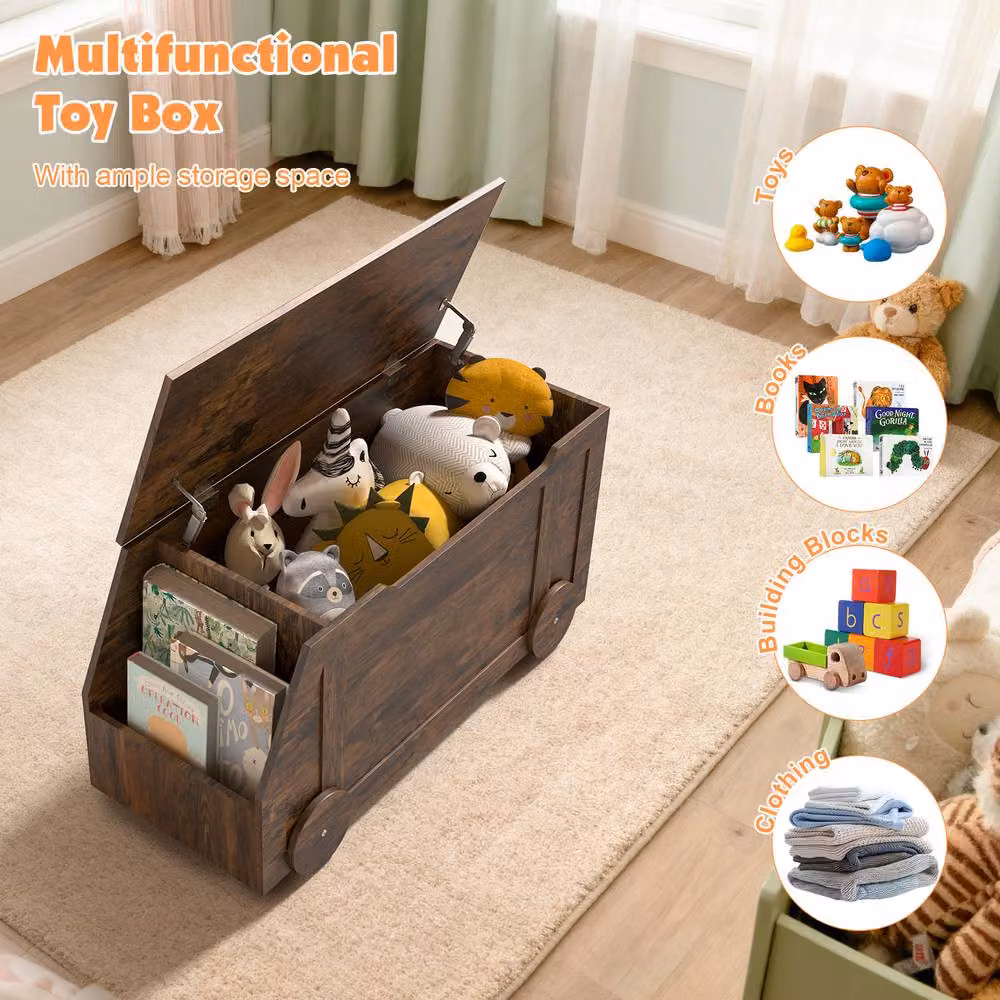 KEEPREAPER Wooden Toy Storage Box with Soft Close Lid and Castors in Brown – 3