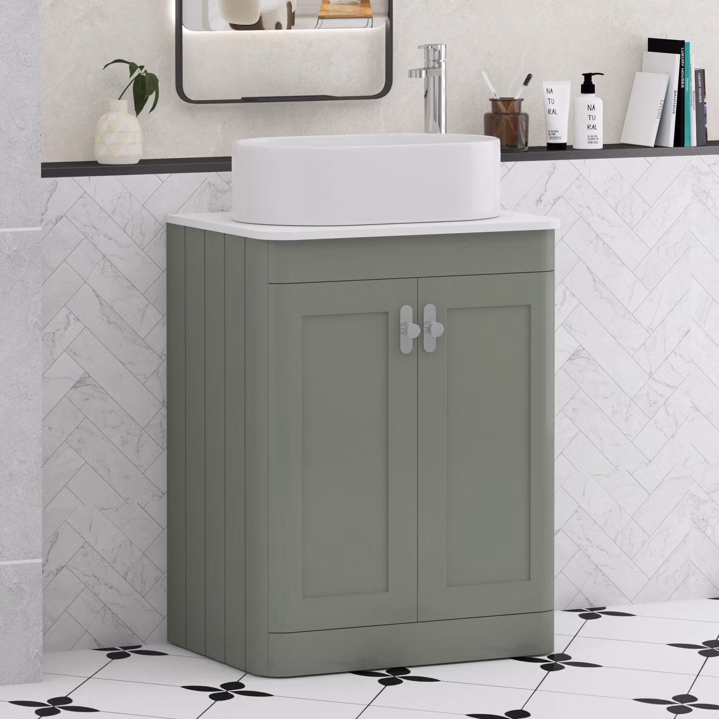 Royal Bathrooms Henley 600mm Sage Green Floor Standing 2 Door Vanity Unit with White Worktop and Peak Basin