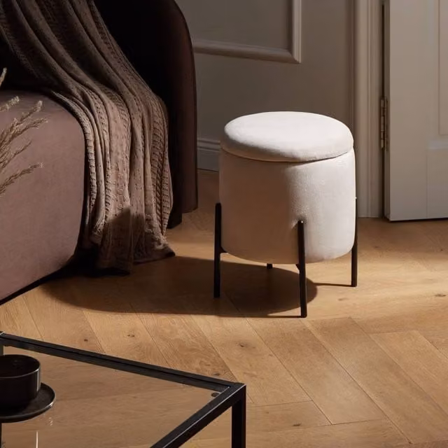 Wyld and Coco Light Beige Velvet Storage Pouffe with Removable Top