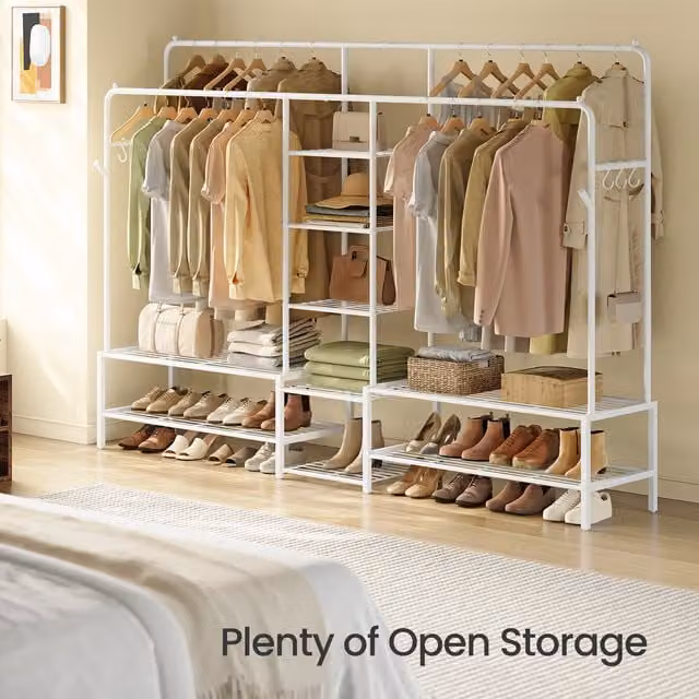 SONGMICS White Metal Clothes Rack with 9 Shelves and Open Wardrobe Design