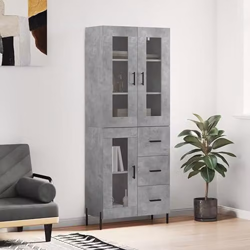 vidaXL Modern Highboard in Grey with Glass Doors and Internal Shelves, W/D/H: 69.5 x 34 x 180 cm – 2