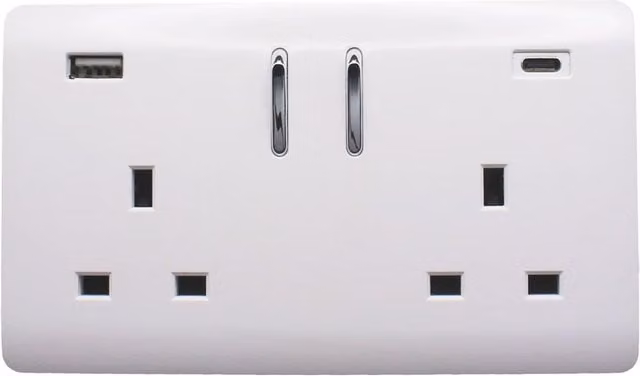 Trendi 2 Gang 13 Amp USB Switched Plug Socket with Type A and C Ports, White