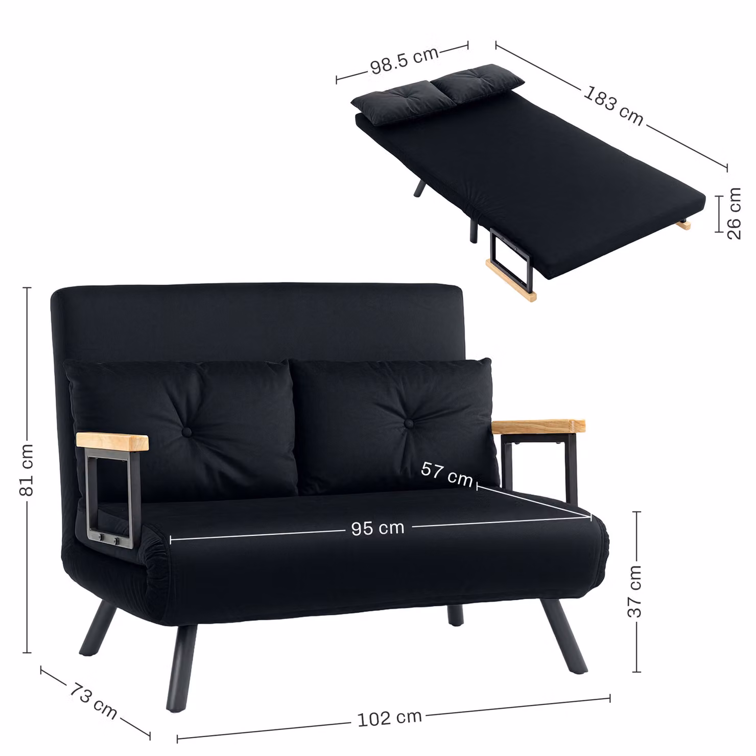 HOMCOM Convertible Double Sofa Bed in Black Velvet Fabric with Wooden Armrests and 2 Pillows, 140 x 200 cm – 3