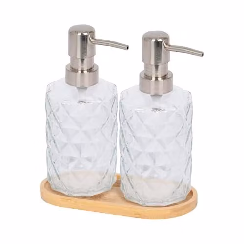 Harbour Housewares 2 Piece Prism Glass Soap Dispenser Set with Bamboo Tray, 330ml, Transparent