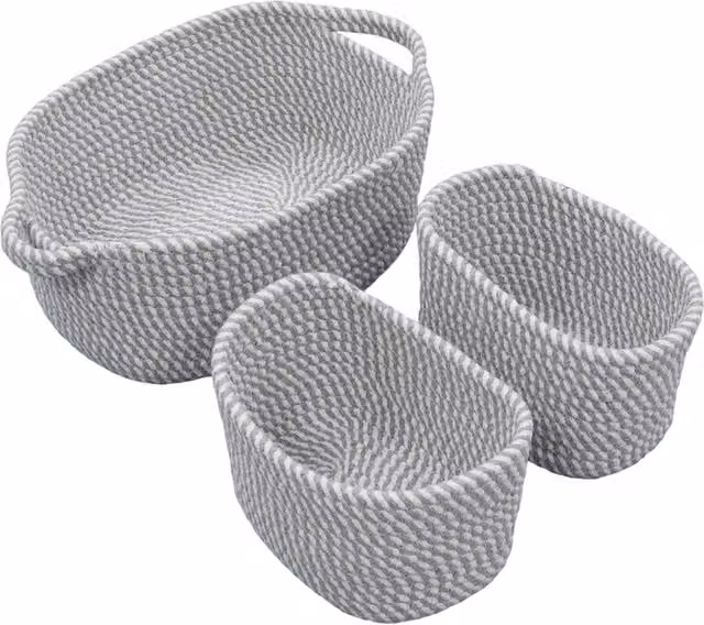 JVL Edison Set of 3 Rectangular Cotton Rope Storage Baskets with Handles, Grey