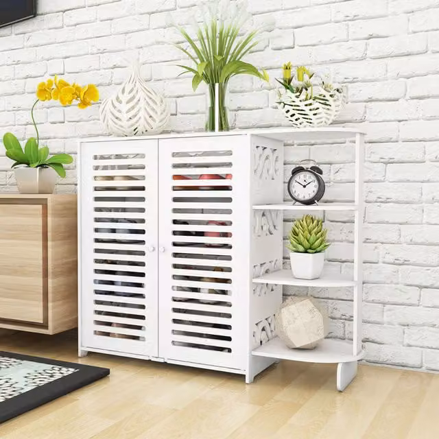 Lifeideas Minimalist White Plastic and Wood Shoe Cabinet with Hinged Doors and Open Shelves