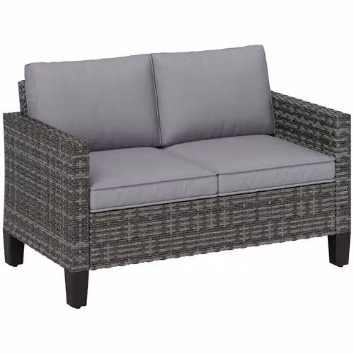 Outsunny 2 Seater Rattan Garden Sofa with Upholstered Cushions and Powder Coated Steel Frame, Grey – 1