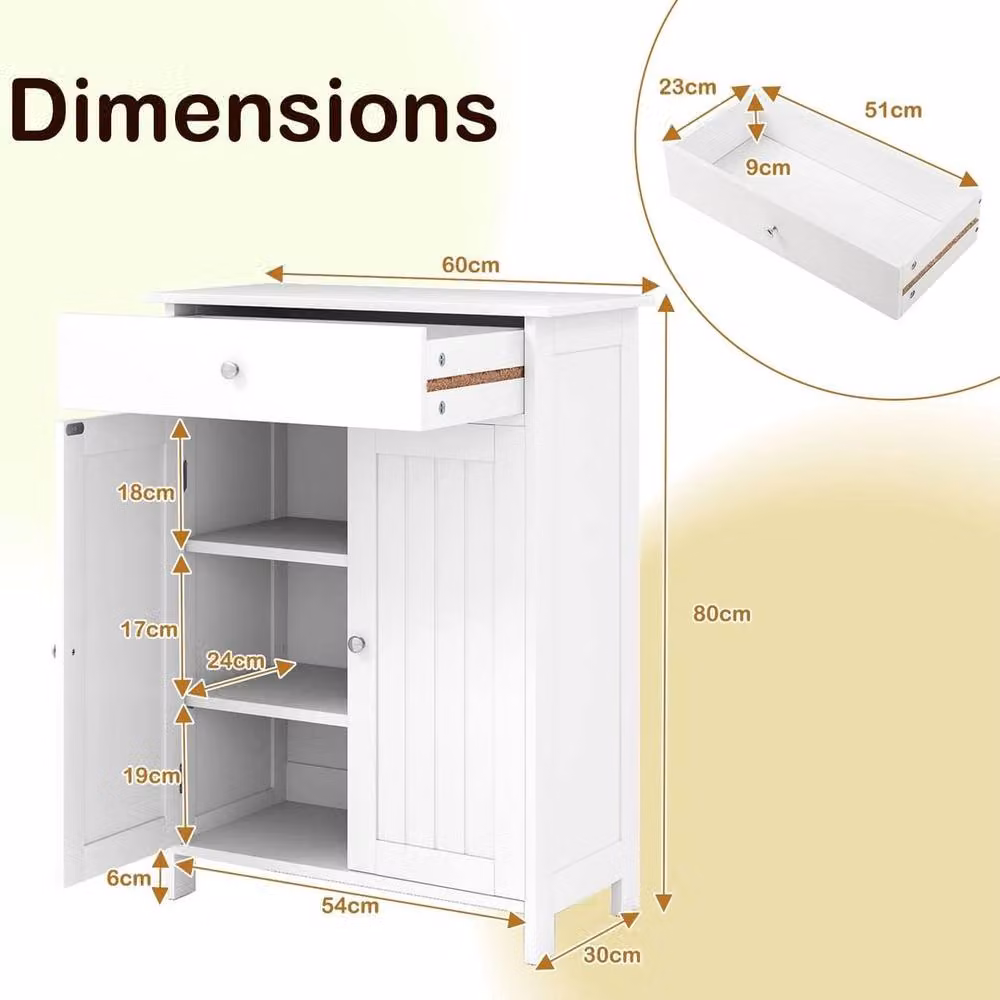 KORVIXA Freestanding White Bathroom and Living Room Storage Cabinet with Hinged Doors, Internal Drawers and Shelves, W/D/H: 80 x 60 x 1.2 cm – 2