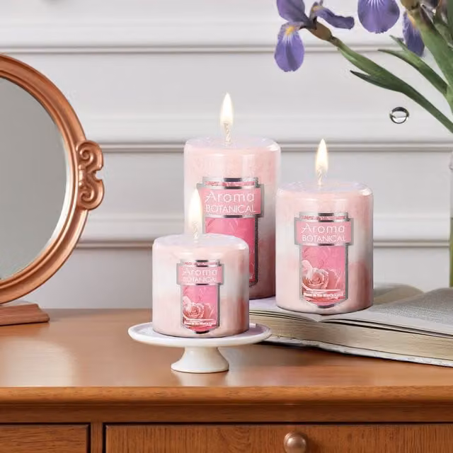 Livingandhome 3 Piece Pink Scented Pillar Candle Set with Fresh Floral Fragrance