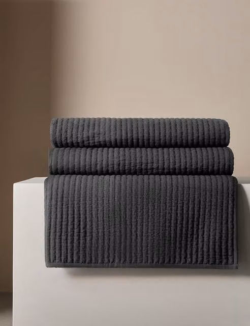 M&S x Kelly Hoppen Reversible Quilted Cotton and Linen Embroidered Bedspread in Dark Grey