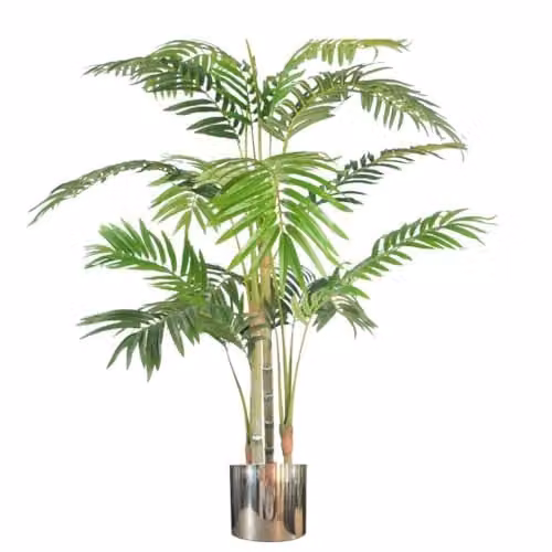 Leaf Realistic Artificial Areca Palm Tree in a Silver Metal Planter, Green, Height: 120 cm