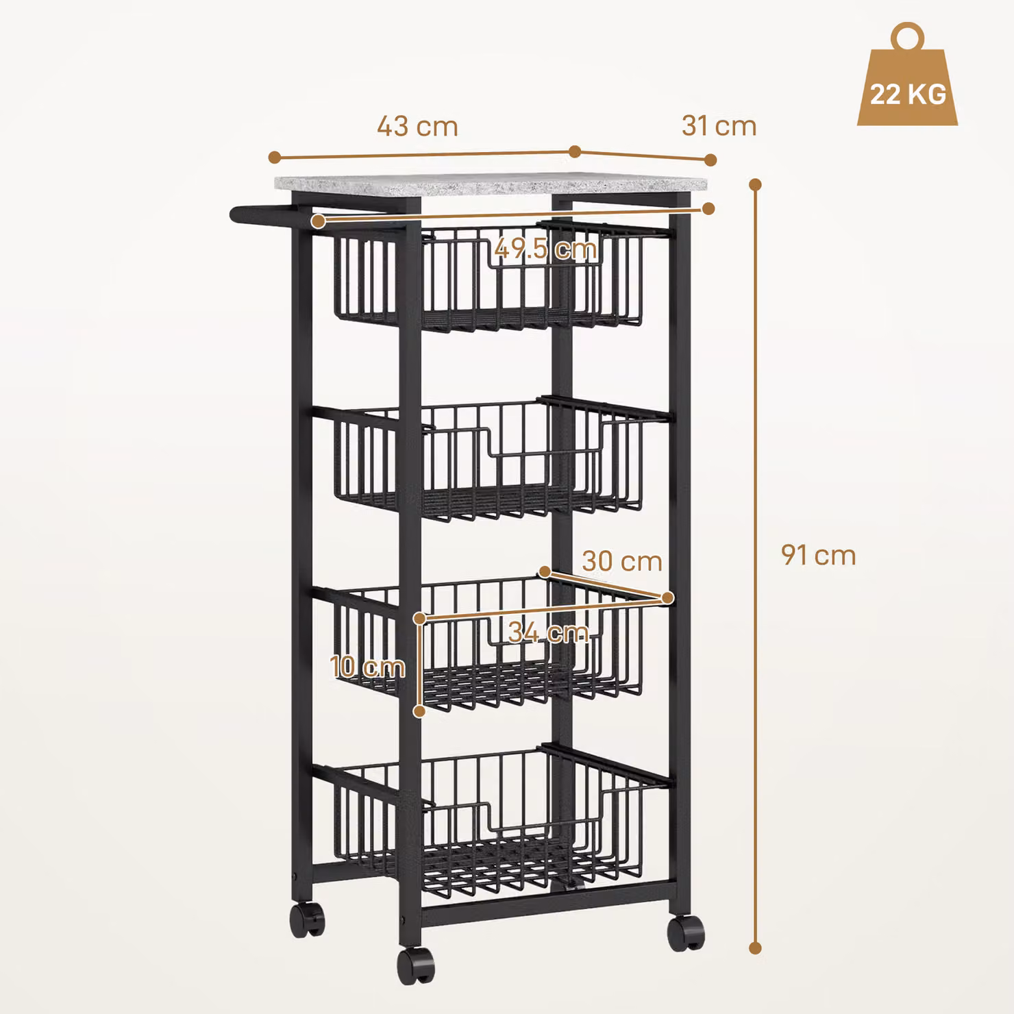 HOMCOM Four Basket Mobile Kitchen Island with Brakes in Grey and Black – 3