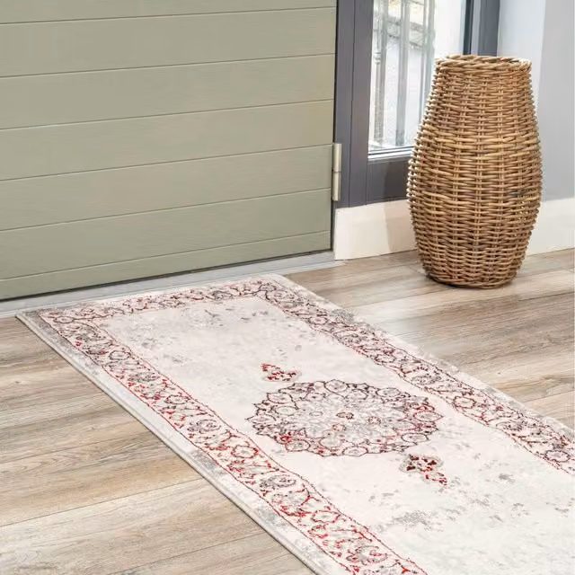 The Rug House Red and Silver Grey Distressed Traditional Medallion Bordered Area Rug, W: 240 cm, D: 70 cm