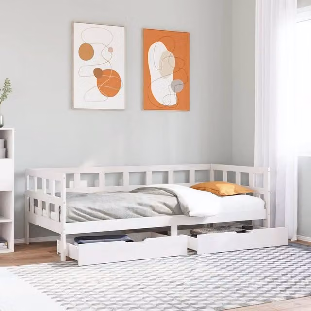 Berkfield Home Solid Wood Daybed with Drawers in White, W/D/H: 200 x 90 x 90 cm