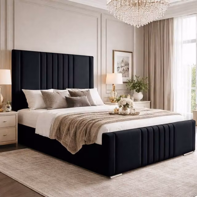 Desire Deco Haisley Upholstered Panel Bed Frame in Black Velvet, King Size (180 x 200 cm)