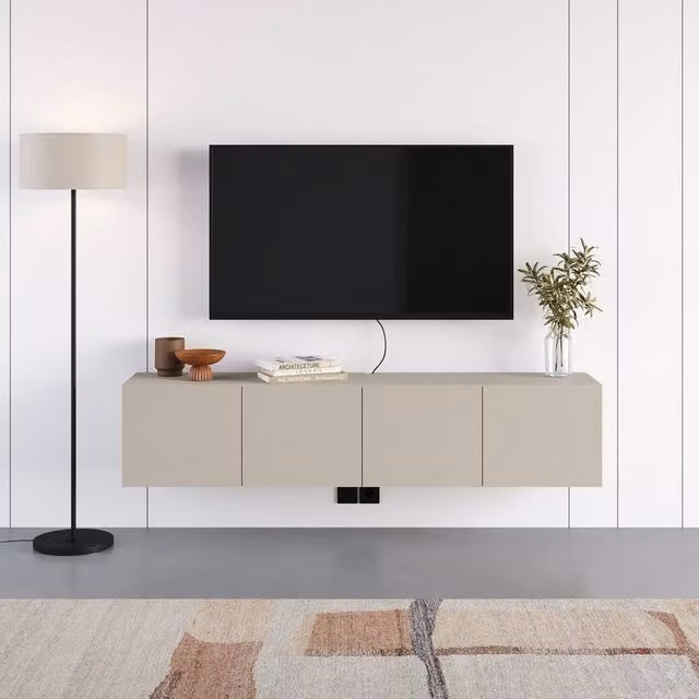 Decortie Combe 2 Pack Wall-Mounted Floating TV Unit in Beige Wood with Soft-Close Drawers and Media Compartments, W: 180 cm, D: 35 cm, H: 38 cm – 1