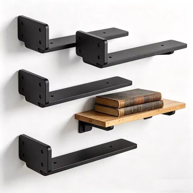 KORVIXA 4-Pack Black Matt Heavy Duty Iron Wall-Mounted Shelf Brackets, 15 cm