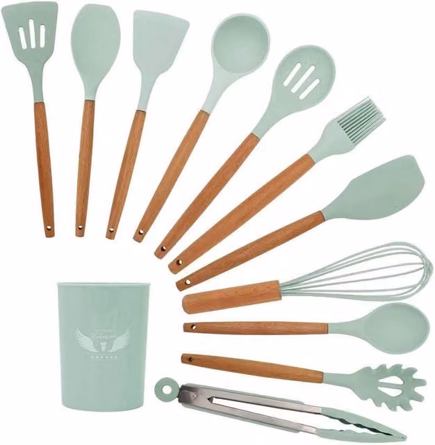 EONLION 11-Piece Green Silicone and Wood Heat Resistant Kitchen Cooking Utensils Set