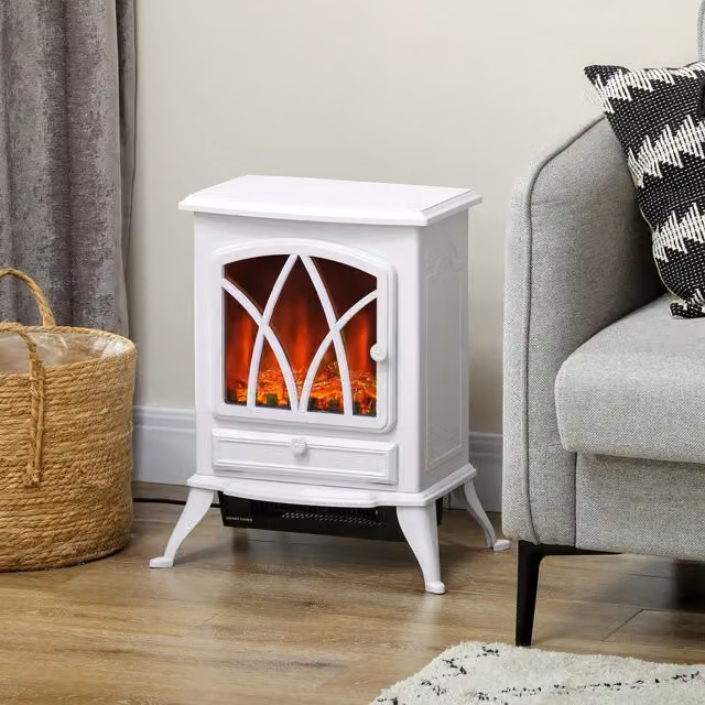 HOMCOM Electric Stove Heater with Realistic Flame Effect in White