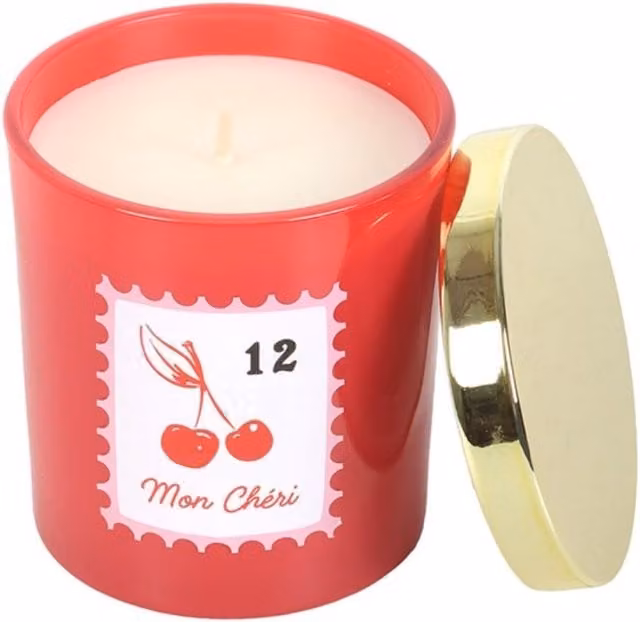 KDMK Mon Cheri Cherry Blossom Scented Candle in a Red and Gold Glass Jar