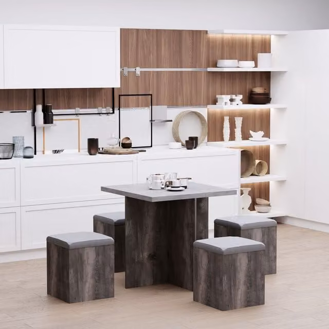 HOMCOM 5 Piece Wooden Dining Set with Square Table and Grey Cushioned Ottoman Seats