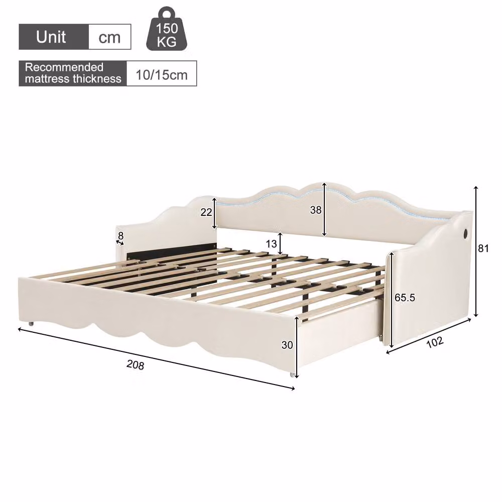 Merax Extendable Single Velvet Daybed with LED Light and USB Charging Ports in Beige, W/D/H: 90 x 190 x 81 cm – 2