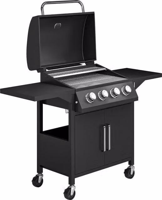 Outsunny 4 Burner Gas BBQ Grill Trolley in Black with Warming Rack, Side Shelves, Storage Cabinet, Thermometer and Wheels, W/D/H: 132 x 60 x 109 cm
