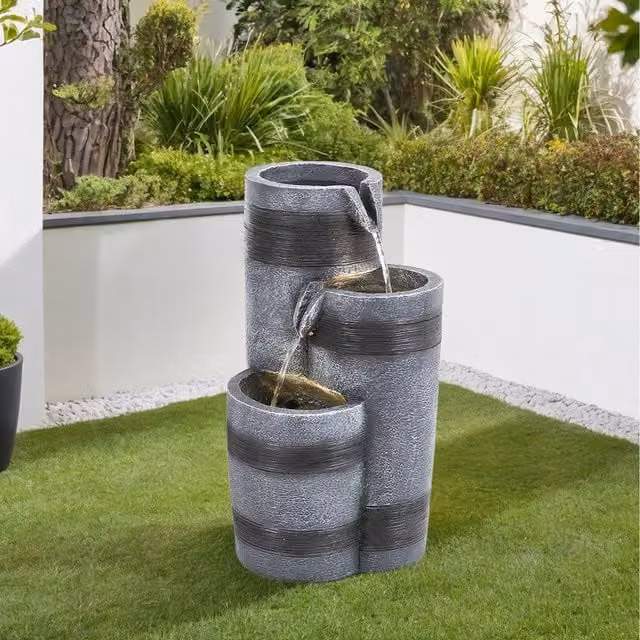 Lifeideas Solar Powered Round Tabletop Cascading Garden Fountain in Grey, Diameter: 23.8 cm
