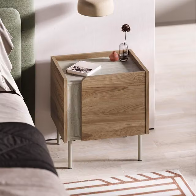 Decortie Bedside Table Cabinet in Travertine and Whiskey Oak with Soft-Close Drawers