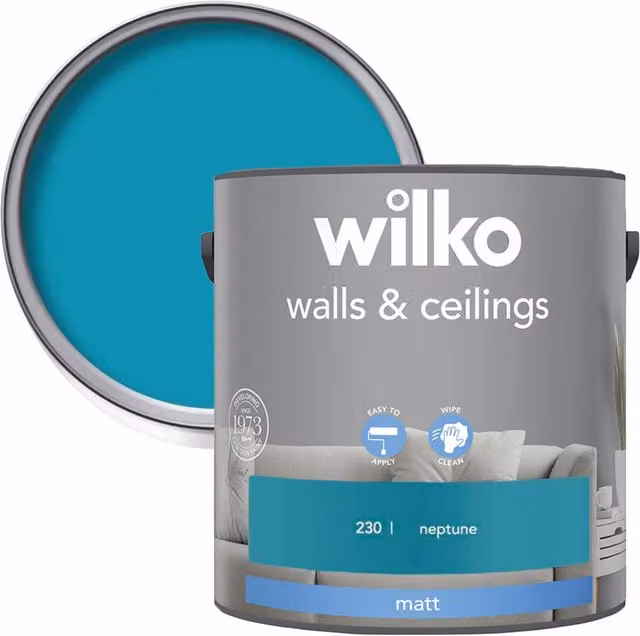 wilko Neptune Blue Matt Emulsion Paint for Walls and Ceilings, 2.5 l