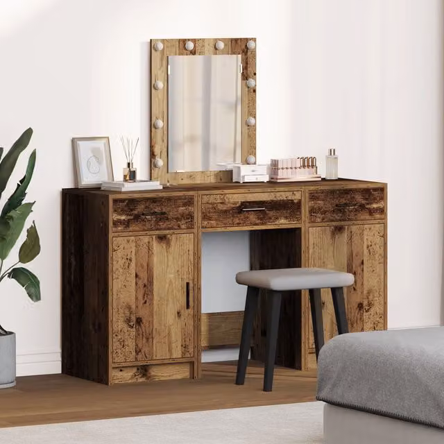 Berkfield Home 3-Piece Hollywood LED Dressing Table Set in Brown Old Wood Engineered Wood