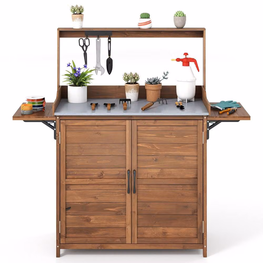 Gymax Outdoor Potting Bench Planting Workbench with Storage Cabinet in Brown – 8