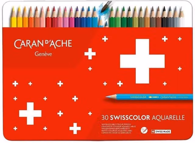 Caran d'Ache Swisscolor Aquarelle 30 Water-Soluble Colour Pencils in a Metal Tin, Assorted Colours
