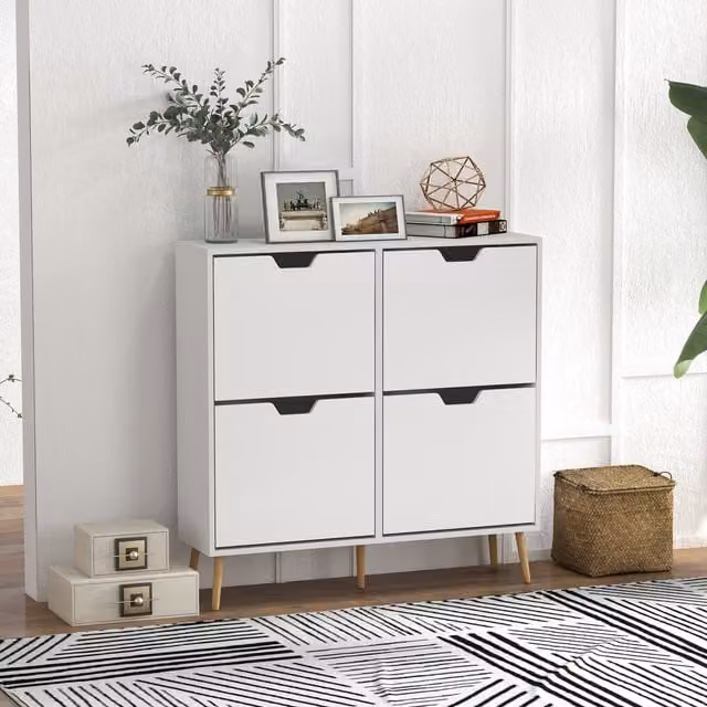 HOMCOM Scandinavian White Wood Shoe Cabinet Storage Organiser with 4 Tilting Compartments