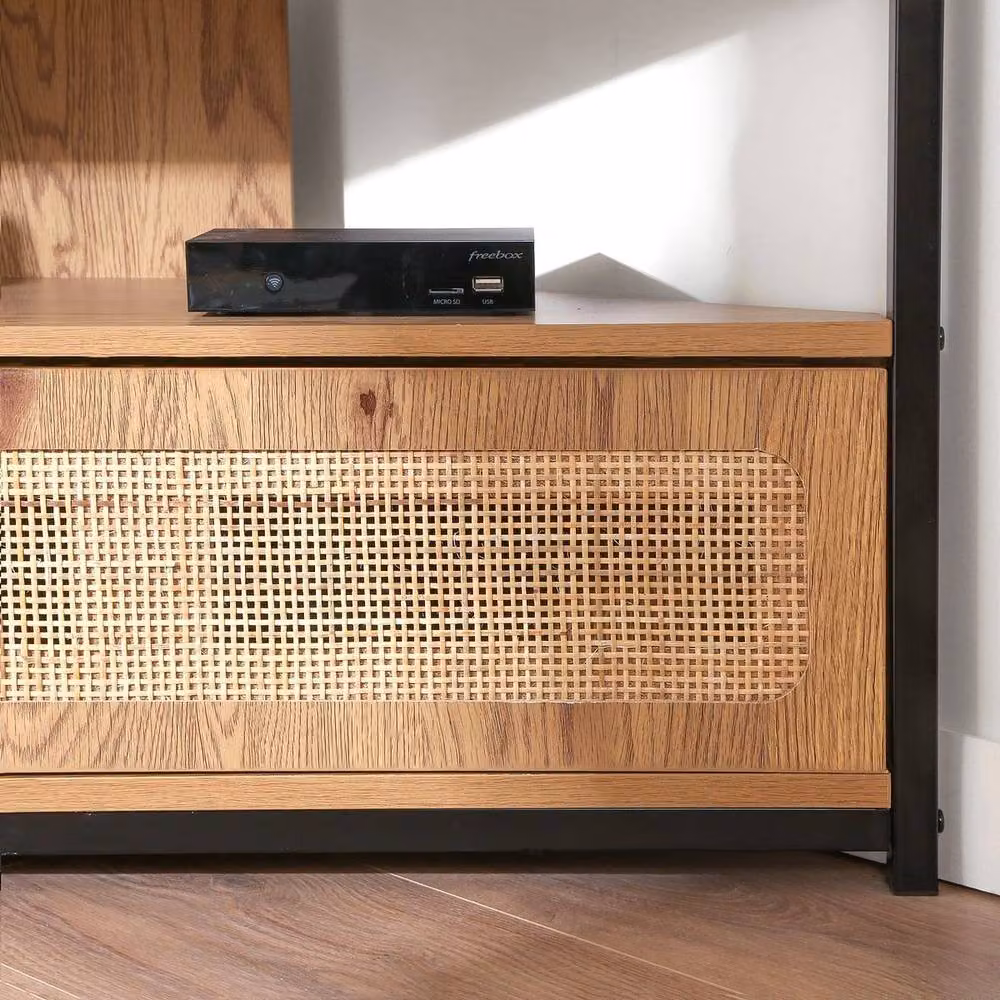 CALICOSY Jaya Corner TV Unit with Rattan Caning and 1 Door, Light Brown, Width: 100 cm – 3