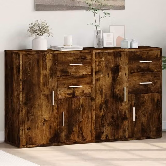 Berkfield Home Set of 2 Modern Smoked Oak Sideboards in Brown, W/D/H: 60 x 31 x 70 cm