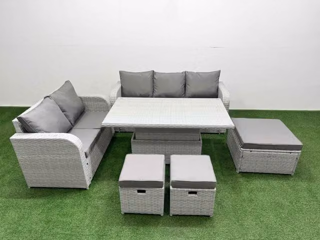 Fimous 8 Seater Grey PE Rattan Wicker Garden Furniture Set with Adjustable Lifting Dining or Coffee Table, 3 Seater Sofa, Love Seat and Ottoman