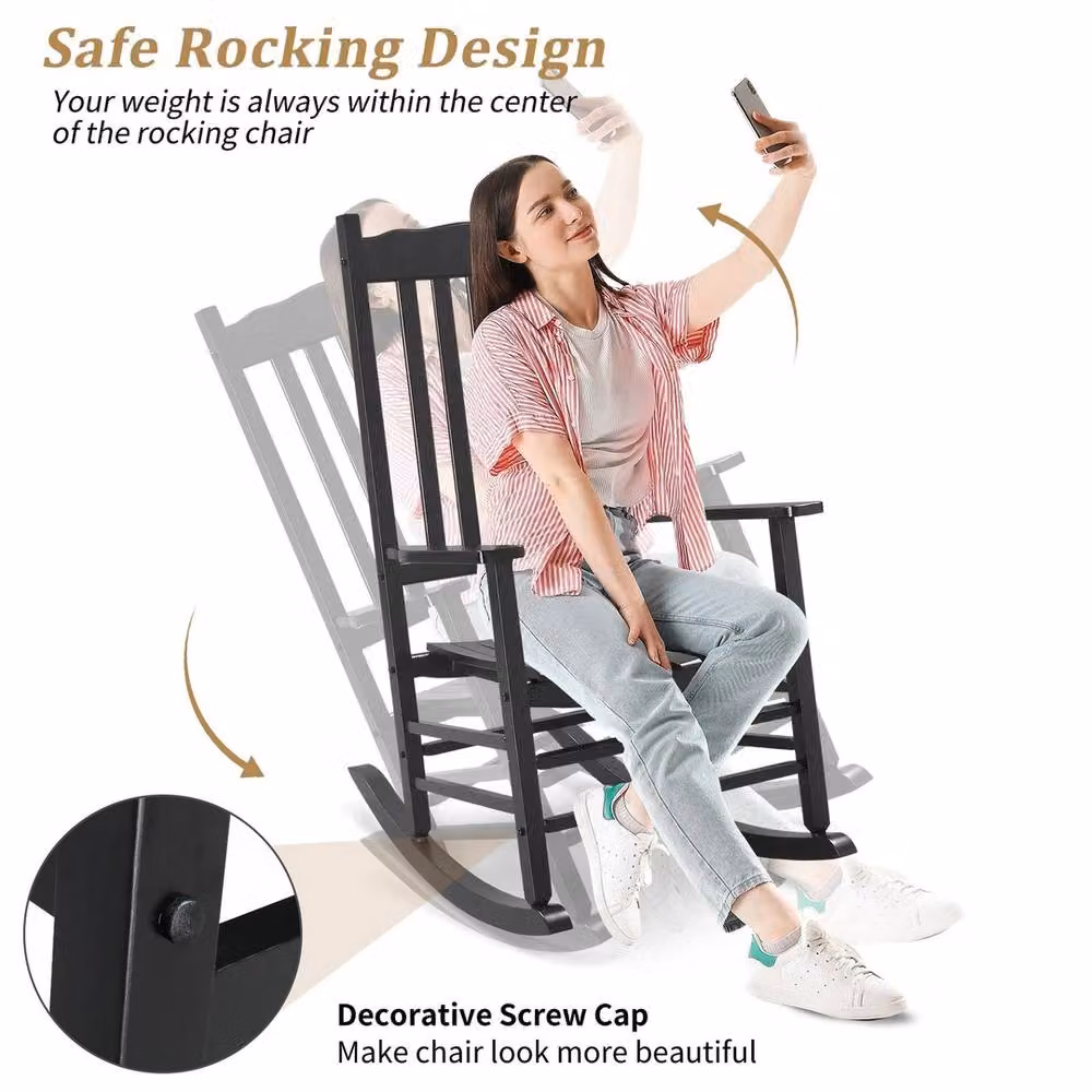 NESTLUNE Black Wood Outdoor Rocking Chair with Backrest for Garden, Balcony or Terrace, H 100 cm x W 15 cm x D 15 cm – 5